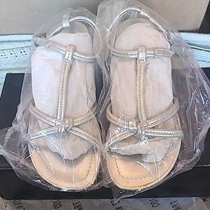 Women's silver low wedge strap shoes